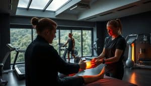 A dimly lit sports therapy clinic with advanced medical equipment and techniques. In the foreground, a physiotherapist carefully applies therapeutic ultrasound to a patient's injured leg, the warm glow illuminating their focused expressions. In the middle ground, a state-of-the-art robotic exoskeleton assists a patient with mobility exercises, while a high-tech treadmill and other rehabilitation devices line the walls. The background features sleek, modern architecture with large windows overlooking a lush, verdant landscape, creating a serene and calming atmosphere for the patients' recovery.