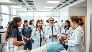 A diverse team of healthcare professionals collaborating in a modern, well-lit medical facility. In the foreground, a physiotherapist, a physician, and a nurse are gathered around a patient, discussing treatment options and coordinating care. In the middle ground, other medical staff members are engaged in discussions, exchanging information, and reviewing patient records. The background features state-of-the-art medical equipment, clean and organized workspaces, and large windows that let in natural light, creating a calming and professional atmosphere. The overall scene conveys a sense of unity, communication, and a shared commitment to providing the best possible care for the patient.