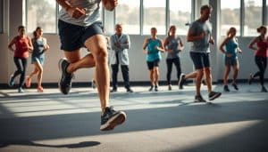 A dynamic scene depicting the benefits of physiotherapy for runners. In the foreground, a runner strides forward with perfect form, their muscles working in harmony as they propel themselves forward. Mid-ground, a physiotherapist examines a runner's leg, assessing potential injuries and developing a personalized treatment plan. In the background, runners of various abilities engage in a range of activities - from stretching and strength training to balance exercises and plyometrics - all designed to prevent and manage running-related injuries. The lighting is crisp and natural, casting long shadows and highlighting the defined musculature of the athletes. The overall atmosphere conveys the importance of proactive healthcare for the active, athletic lifestyle.