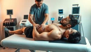 A dynamic scene of a physiotherapist demonstrating advanced pain management techniques for athletes. In the foreground, a muscular athlete lies on a treatment table, their body language conveying both tension and relief as the physiotherapist's skilled hands gently manipulate their joints and muscles. The physiotherapist's face is focused, their movements deliberate and precise. In the middle ground, various high-tech medical devices and equipment, including cutting-edge ultrasound and electrical stimulation units, suggest the application of innovative therapeutic approaches. The background is softly lit, creating a calming atmosphere conducive to rehabilitation and recovery. The overall composition conveys a sense of expertise, care, and the pursuit of optimal athletic performance through effective pain management.