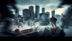 A dynamic sports injury scene unfolding with dramatic impact in the heart of Calgary. In the foreground, an athlete lies on the ground, their body contorted in agony, conveying the visceral pain of the moment. Around them, a hazy environment with blurred motion and distorted perspectives, creating a sense of immediacy and chaos. The lighting is harsh, casting harsh shadows and highlighting the intensity of the moment. In the background, the iconic skyline of Calgary's downtown core provides a contextual backdrop, grounding the scene in the city's vibrant sports culture. The overall atmosphere is one of raw, palpable tension, capturing the gravity and consequences of sports-related injuries.