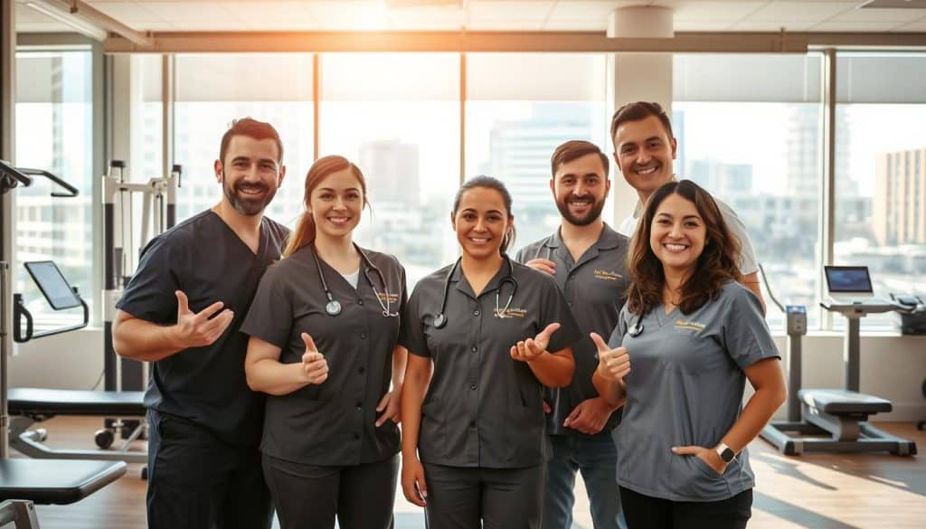 A group of friendly, approachable Calgary injury prevention specialists standing in a bright, airy clinic. The foreground features three professionals in medical uniforms, smiling and gesturing in a welcoming manner. The middle ground showcases various rehabilitation equipment and exercise machines, while the background depicts large windows overlooking the bustling streets of downtown Calgary. Warm, natural lighting filters in, creating a calming, professional atmosphere. The overall scene conveys expertise, compassion, and a commitment to holistic patient care.