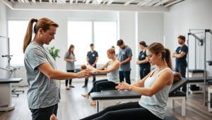 A group of healthcare professionals in a modern, well-equipped sports therapy clinic. In the foreground, a physiotherapist guides a patient through a series of targeted exercises, their expertise evident in their focused expressions. In the middle ground, other therapists attend to clients, employing a variety of techniques like massage, acupuncture, and rehabilitation equipment. The background features clean, minimalist decor with natural lighting flooding the space, creating a calming, professional atmosphere. The team's attentive posture and the clients' engaged expressions convey a collaborative, patient-centric approach to sports injury treatment and recovery.