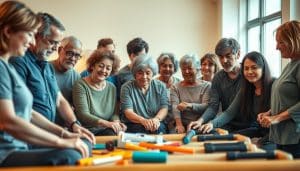 A group of people of diverse ages and backgrounds collaborate on their rehabilitation journey. In the foreground, patients and therapists work together, their expressions earnest and focused. The middle ground features various rehabilitation equipment and tools, reflecting the active nature of the process. In the background, a warm, natural setting with calming colors and textures sets the mood for a holistic healing environment. The lighting is soft and diffused, creating a sense of tranquility and togetherness. The overall composition conveys the idea of an active, participatory recovery process, where patients are empowered and supported by a team of dedicated professionals.