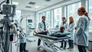 A group of professional physiotherapists in a well-equipped clinic, captured with a wide-angle lens. The foreground features a team of three physiotherapists, clad in crisp white coats, attentively examining a patient on a treatment table. The middle ground showcases state-of-the-art equipment, including advanced rehabilitation devices and diagnostic tools. The background depicts a spacious, bright, and modern clinic setting, with large windows allowing natural light to flood the space. The overall mood is one of expertise, care, and a commitment to patient wellness.