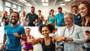 A group of smiling, active individuals engaged in various sports and recreational activities, showcasing their successful recovery and rehabilitation journeys after sports-related injuries. The foreground features a dynamic scene of athletes in motion, with clear expressions of determination and joy. The middle ground presents individuals in various stages of physical therapy, receiving personalized treatment from attentive healthcare professionals. The background depicts a modern, well-equipped sports therapy clinic, radiating a sense of professionalism and care. The lighting is warm and inviting, capturing the positive atmosphere and camaraderie. The overall scene conveys a sense of empowerment, inspiration, and the transformative power of preventative sports physiotherapy.