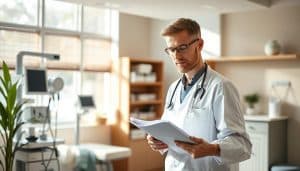 A healthcare professional attentively coordinates post-assessment care, standing amidst a tranquil clinic environment. Soft natural lighting filters through windows, casting warm tones on the scene. In the foreground, the coordinator reviews patient files, ensuring seamless referrals and follow-up plans. In the middle ground, medical equipment and soothing decor create a reassuring atmosphere. The background depicts a well-organized, modern space dedicated to holistic patient recovery. Subtle earth tones and clean lines convey a sense of professionalism and attention to detail, reflecting the coordinator's commitment to comprehensive, personalized care.