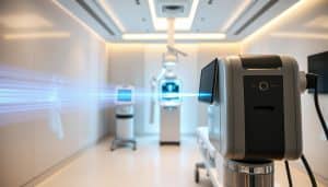 A high-tech medical procedure room with state-of-the-art shockwave and laser therapy equipment. In the foreground, a sleek, futuristic-looking shockwave therapy device emitting a powerful energy pulse. In the middle ground, a sophisticated laser therapy machine directing a beam of concentrated light. The background features modern, minimalist decor with clean lines and a soothing color palette, creating a calm and professional atmosphere. Bright, directional lighting illuminates the scene, highlighting the advanced medical technology. The overall impression is one of cutting-edge innovation in physiotherapy pain treatment.