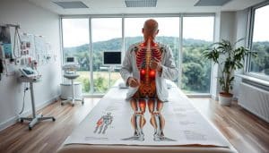 A large, well-lit medical examination room with a physiotherapy table in the center. On the table, a detailed anatomical illustration of the human body, with highlighted areas indicating various injuries and areas of pain. In the foreground, a physiotherapist in a white coat examines the illustration, gesturing with a pointer to explain the comprehensive assessment. The background features medical equipment, charts, and a large window overlooking a lush, green landscape, conveying a sense of expertise, professionalism, and holistic healing.