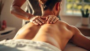 A massage therapist's skilled hands delicately kneading the muscles of an athlete's back, integrating a blend of Swedish, deep tissue, and trigger point techniques. The scene is bathed in warm, natural lighting, casting a calming, therapeutic atmosphere. The therapist's focused expression and the client's serene pose convey a sense of trust and healing. The foreground showcases the intricate hand movements, while the middle ground reveals the treatment table and the athlete's relaxed posture. The background gently fades into a serene, soothing environment, suggesting a professional, spa-like setting.