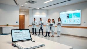 A modern medical facility with sleek, minimalist design. In the foreground, a doctor's desk with neatly organized files and a laptop displaying compliance guidelines. The middle ground features medical staff in crisp white uniforms, reviewing patient data on tablet devices. In the background, a wall-mounted display showcases a visual dashboard of healthcare metrics and quality assurance indicators. Soft, indirect lighting creates a calm, professional atmosphere. The scene conveys an environment of meticulous data management and adherence to industry standards.