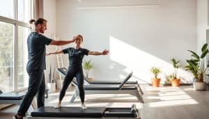 A modern physiotherapy clinic, bathed in soft natural light filtering through large windows. In the foreground, a physiotherapist guides a patient through a series of carefully choreographed exercises, their movements fluid and precise. The middle ground showcases state-of-the-art rehabilitation equipment - sleek, ergonomic machines designed to aid in the recovery process. The background depicts a calming, minimalist aesthetic, with soothing neutral tones and strategically placed plants, creating a serene, therapeutic atmosphere. The overall scene conveys a sense of professionalism, expertise, and a commitment to advanced, holistic rehabilitation techniques.