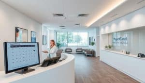 A modern physiotherapy clinic reception, with a spacious and inviting atmosphere. The foreground features a clean, minimalist reception desk with a large monitor displaying an online appointment scheduling system. A friendly receptionist assists a patient in booking their session. The middle ground showcases a waiting area with comfortable chairs and natural light filtering in through large windows. In the background, the clinic's branding and decor create a professional, yet calming ambiance, reflecting the high-quality care offered. Soft, diffused lighting and a muted color palette contribute to an overall serene and organized impression.