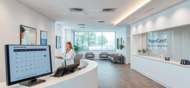A modern physiotherapy clinic reception, with a spacious and inviting atmosphere. The foreground features a clean, minimalist reception desk with a large monitor displaying an online appointment scheduling system. A friendly receptionist assists a patient in booking their session. The middle ground showcases a waiting area with comfortable chairs and natural light filtering in through large windows. In the background, the clinic's branding and decor create a professional, yet calming ambiance, reflecting the high-quality care offered. Soft, diffused lighting and a muted color palette contribute to an overall serene and organized impression.