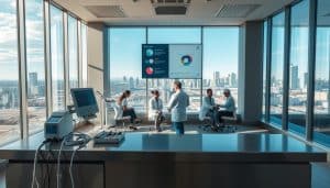 A modern, professional-looking medical clinic interior with natural lighting and a clean, minimalist design. In the foreground, medical equipment and tools are neatly organized on a sleek, steel counter. Centered on the back wall, a large screen displays infographics and data visualizations related to evidence-based physiotherapy approaches. The middle ground features several patients receiving treatment from attentive, lab-coated physiotherapists. The background showcases a panoramic view of the bustling city skyline of Calgary through large windows, conveying a sense of the clinic's connection to the local community. The overall mood is one of efficiency, innovation, and a commitment to data-driven, patient-centered care.
