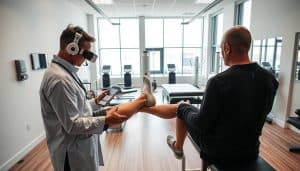 A modern, well-equipped physiotherapy clinic in Calgary, with a focus on customized treatment for sports injuries. The foreground depicts a physiotherapist examining a patient's leg, using advanced diagnostic tools. The middle ground showcases various rehabilitation equipment, including exercise machines and massage tables. The background features a sleek, minimalist interior design with large windows letting in natural light, creating a calming and professional atmosphere. The scene is captured with a wide-angle lens, highlighting the spacious and welcoming nature of the clinic. The lighting is soft and diffused, accentuating the clinic's modern and sophisticated ambiance.