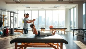 A modern, well-equipped physiotherapy clinic with a focus on sports recovery, situated in the vibrant city of Calgary. The interior is bright and airy, with natural light streaming through large windows. In the foreground, a physical therapist is guiding a patient through a series of stretches and exercises on a padded treatment table. The middle ground features state-of-the-art rehabilitation equipment, including resistance bands, exercise balls, and massage tables. The background showcases the city skyline through the windows, creating a serene and inspirational atmosphere. The overall scene conveys a sense of professionalism, expertise, and a commitment to helping athletes and active individuals recover and return to their desired level of performance.