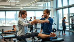A modern, well-equipped sports rehabilitation clinic in Calgary, Canada. In the foreground, a physiotherapist guides a patient through a series of exercises on specialized equipment, their focused expressions conveying the importance of the treatment. The middle ground features additional therapy stations, where athletes engage in tailored regimens supervised by attentive staff. The background showcases the clinic's airy, light-filled interior design, with large windows offering views of the vibrant city outside. The overall atmosphere exudes professionalism, care, and a commitment to helping athletes recover and return to peak performance.