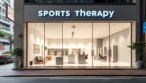 A modern, well-equipped sports therapy clinic located in a thriving urban area. The facade features large windows and a welcoming entryway, with a clean, minimalist design. Inside, the reception area is bright and airy, with comfortable seating and a large, organized information desk. The treatment rooms are spacious, with state-of-the-art equipment and natural lighting. The overall atmosphere conveys a sense of professionalism, expertise, and dedication to patient care. The clinic is situated on a bustling street, with nearby parking and easy access for patients.