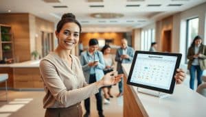 A modern, well-lit reception area with a large desk and comfortable seating. In the foreground, a smiling receptionist gestures towards an appointment calendar displayed on a sleek tablet device. The middle ground features patients of various ages and backgrounds, each engaged in relaxed conversation or checking their phones, conveying a sense of ease and flexibility. The background showcases an open, airy space with plenty of natural light, complemented by warm, neutral tones and minimalist decor, creating a calming, professional atmosphere.
