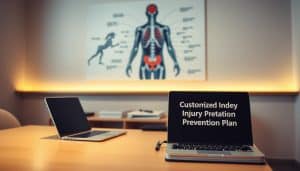 A neatly organized desk with a laptop, physical therapy equipment, and a binder labeled "Customized Injury Prevention Plan". The desk is illuminated by soft, warm lighting, creating a professional yet approachable atmosphere. In the background, a wall displays a large, abstract illustration depicting the human body's musculoskeletal system, symbolizing the depth of knowledge and expertise behind the tailored rehabilitation strategies. The overall scene conveys a sense of personalized, evidence-based care focused on empowering the patient's active participation in their recovery.