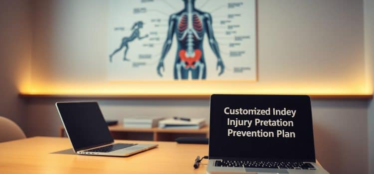 A neatly organized desk with a laptop, physical therapy equipment, and a binder labeled "Customized Injury Prevention Plan". The desk is illuminated by soft, warm lighting, creating a professional yet approachable atmosphere. In the background, a wall displays a large, abstract illustration depicting the human body's musculoskeletal system, symbolizing the depth of knowledge and expertise behind the tailored rehabilitation strategies. The overall scene conveys a sense of personalized, evidence-based care focused on empowering the patient's active participation in their recovery.