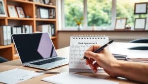 A neatly organized desk with a laptop, stationery, and a calendar open to "Book Appointment" prominently displayed. In the foreground, a hand holds a pen, poised to make an entry. The background features a warm, inviting office setting with shelves of medical reference books, framed certificates, and a window overlooking a lush, green landscape. Soft, natural lighting illuminates the scene, creating a calming, professional atmosphere. The overall composition conveys the ease and accessibility of booking a physiotherapy appointment at Riverside Sports Therapy.