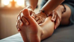 A pair of hands gently manipulating a human leg, showcasing various manual therapy techniques for injury recovery. The hands are in focus, with a soft, warm lighting illuminating the scene. The background is blurred, creating a soothing, calming atmosphere. The angle is slightly elevated, providing a clear view of the hands and the leg, conveying a sense of care and attention to detail. The overall mood is one of expertise, empathy, and a dedication to the healing process.