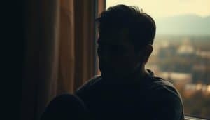 A person sitting alone in a dimly lit room, their face etched with distress and anguish. The lighting casts deep shadows, heightening the sense of isolation and despair. In the background, a blurred and hazy landscape symbolizes the pervasive impact of chronic pain, casting a veil over the individual's life. The composition emphasizes the subject's introspective gaze, conveying the overwhelming mental and emotional toll of living with a persistent, debilitating condition. Warm tones evoke a sense of vulnerability, while the overall mood is somber and melancholic, reflecting the profound effect chronic pain has on one's well-being and quality of life.