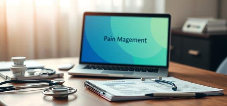 A personalized pain management plan on a wooden desk, with a laptop, notepad, and various medical instruments nearby. The plan is displayed on the laptop screen, with a soothing blue and green color scheme. The lighting is soft and natural, casting a warm glow over the scene. The background is blurred, but suggests a calm, professional office setting. The overall mood is one of thoughtful consideration and personalized care, reflecting the subject of chronic pain relief techniques and approaches.