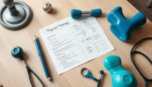 A personalized physical therapy plan is displayed on a light wooden table, with various exercise equipment and therapeutic tools arranged neatly around it. The plan features handwritten notes, diagrams, and a customized exercise regimen tailored to the individual's needs. The lighting is soft and natural, casting a warm glow over the scene. The camera angle is slightly elevated, capturing the plan in a visually appealing, organized layout. The overall mood is one of professionalism, attention to detail, and a personalized approach to healthcare.