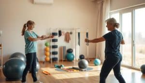 A personalized rehabilitation process unfolds in a warm, inviting space. In the foreground, a physiotherapist guides a patient through a series of targeted exercises, their movements precise and encouraging. The middle ground showcases various therapeutic equipment, from exercise balls to resistance bands, all neatly organized and accessible. In the background, natural light streams in through large windows, casting a soft, calming glow and hinting at the serene outdoor landscape beyond. The overall atmosphere radiates a sense of progress, empowerment, and a collaborative approach to healing.