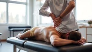 A physiotherapist applying manual therapy techniques to the back of a patient, capturing the innovative and effective approach used at Riverside Sports Therapy Calgary. The scene is set in a modern, well-equipped physiotherapy clinic, with natural lighting from large windows casting a warm, soothing glow. The physiotherapist, dressed in a clean, professional attire, is using their hands with precision and care, expertly navigating the patient's spinal column and surrounding musculature. The patient, lying comfortably on a padded treatment table, exudes a sense of trust and relaxation, indicating the effective and gentle nature of the techniques being employed.