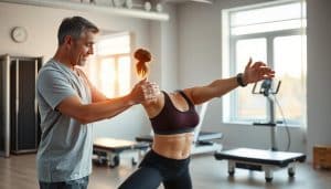 A physiotherapist carefully guiding a patient through a personalized exercise routine in a well-equipped sports therapy clinic. The patient, clad in athletic attire, is performing a series of dynamic stretches and strength-building movements under the attentive supervision of the physiotherapist. Warm, natural lighting filters in through large windows, creating a soothing, calming atmosphere. The clinic's modern, minimalist design features sleek, ergonomic equipment and a serene, open-concept layout, fostering a sense of comfort and personalized care. The physiotherapist's expression exudes empathy and expertise, tailoring the session to the patient's unique needs and goals.