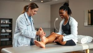 A physiotherapist treating a runner's ankle injury in a modern physiotherapy clinic in Calgary. The runner is sitting on an examination table, their injured ankle being carefully examined by the physiotherapist. The clinic has a calming, natural-light-filled atmosphere with neutral-toned decor. Soft, diffuse lighting illuminates the scene, creating a soothing, professional ambiance. The physiotherapist is wearing a lab coat and using specialized medical equipment to assess the runner's injury. The runner appears relieved and trusting as the physiotherapist provides attentive, expert care.