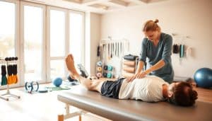 A physiotherapy assessment in a modern, well-equipped clinic. In the foreground, a physiotherapist examines a patient's leg, using their hands to palpate the muscles and joints. The patient is lying on a padded treatment table, their face obscured. In the middle ground, various physiotherapy tools and equipment are neatly arranged, including resistance bands, exercise balls, and heat/cold therapy devices. The background features large windows letting in natural light, creating a calming, professional atmosphere. The lighting is warm and diffused, casting gentle shadows. The overall scene conveys a sense of care, expertise, and a tailored approach to rehabilitation.