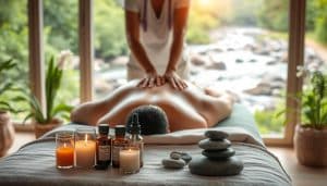 A relaxing scene of an integrative massage therapy session in a serene, natural setting. In the foreground, a massage therapist's hands gently kneading the back of a client lying on a padded table, as soft natural light filters through large windows. In the middle ground, a collection of essential oils, candles, and soothing natural elements like river stones create a calming ambiance. The background features a tranquil outdoor landscape with a flowing river and lush greenery, conveying a sense of peaceful rejuvenation.