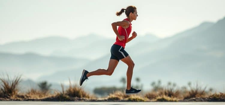 A runner effortlessly glides through a serene landscape, their form enhanced by cutting-edge physiotherapy techniques. The foreground showcases the runner's fluid motion, with a focus on their strong, yet agile limbs. The middle ground features a subtly blurred gym setting, hinting at the rigorous training and personalized care that enable this level of performance. In the background, a hazy mountain backdrop suggests a sense of tranquility and inner focus. Soft, diffused lighting illuminates the scene, creating a sense of harmony between the runner's movement and their natural environment. Overall, the image conveys the power of targeted physiotherapy to unlock the full potential of athletic performance and mobility.