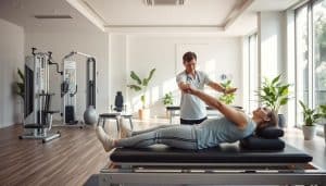 A serene and contemporary sports therapy clinic, with integrated techniques seamlessly blended. In the foreground, a patient undergoes a targeted exercise routine, guided by a physiotherapist. The middle ground showcases state-of-the-art equipment and rehabilitation tools, while the background features soothing natural elements like plants and natural lighting, creating a calming atmosphere. The scene conveys a sense of holistic healing, with the physiotherapist and patient working in harmony to build strength and resilience. Captured with a wide-angle lens, the image conveys a sense of balance, progress, and personalized care.