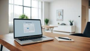 A serene and minimalistic office scene, showcasing an appointment booking process. In the foreground, a sleek wooden desk features a laptop displaying a calendar interface, inviting the viewer to "Book Appointment Calgary". Atop the desk, a pen and notepad create an organized workspace. The middle ground depicts a modern office interior, with clean lines, neutral tones, and minimalist decor, evoking a sense of professionalism and efficiency. The background features a large window, allowing natural light to flood the space and create a warm, welcoming ambiance. The overall composition and lighting convey a sense of ease and accessibility, perfectly capturing the essence of the "Booking an Appointment and Getting More Information" section.