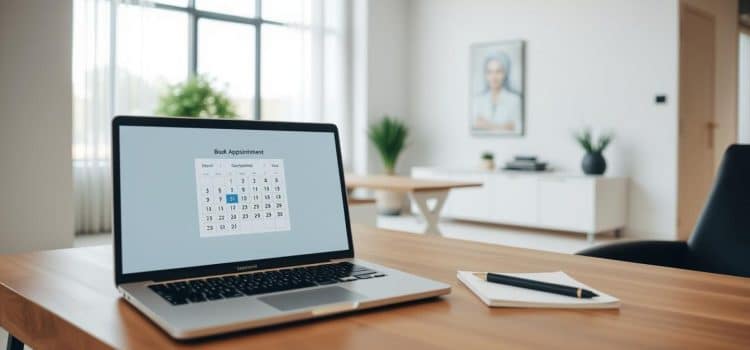 A serene and minimalistic office scene, showcasing an appointment booking process. In the foreground, a sleek wooden desk features a laptop displaying a calendar interface, inviting the viewer to "Book Appointment Calgary". Atop the desk, a pen and notepad create an organized workspace. The middle ground depicts a modern office interior, with clean lines, neutral tones, and minimalist decor, evoking a sense of professionalism and efficiency. The background features a large window, allowing natural light to flood the space and create a warm, welcoming ambiance. The overall composition and lighting convey a sense of ease and accessibility, perfectly capturing the essence of the "Booking an Appointment and Getting More Information" section.