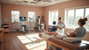 A serene and well-appointed physiotherapy clinic, bathed in warm, natural lighting from large windows. In the foreground, a patient reclines comfortably on a treatment table, their physiotherapist engaged in a focused session, providing personalized care. The middle ground features state-of-the-art equipment and technology, enabling virtual consultations and remote monitoring. In the background, a soothing, earth-toned color palette and minimalist decor create a calming, professional atmosphere. The scene conveys a sense of flexibility, accessibility, and a holistic approach to personalized physiotherapy, catering to the diverse needs of athletes and individuals seeking optimal health and recovery.