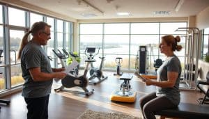 A serene and well-equipped physical therapy clinic, with a warm and inviting atmosphere. In the foreground, a physiotherapist reviews a personalized rehabilitation plan with a patient, their expressions conveying a collaborative partnership. The middle ground features various rehabilitation equipment, including exercise bikes, weight racks, and balance boards, arranged in a visually appealing layout. The background showcases large windows overlooking a tranquil riverside setting, with natural lighting flooding the space and creating a calming, restorative ambiance. The overall scene captures the essence of a comprehensive, personalized physiotherapy and rehabilitation experience.