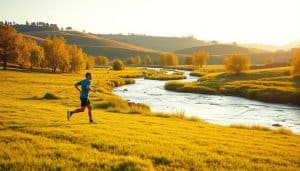 A serene, holistic landscape depicting the key elements of running recovery. In the foreground, a runner performing gentle stretches on a lush, grassy field bathed in warm, golden sunlight. In the middle ground, a tranquil stream flows, its soothing waters surrounded by soothing greenery. In the background, rolling hills dotted with trees create a peaceful, natural ambiance. The scene conveys a sense of balance, restoration, and the importance of a multifaceted approach to running recovery, encompassing both physical and mental well-being.