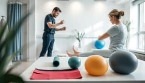 A serene hospital room with a patient undergoing manual therapy techniques for pain management. In the foreground, a physical therapist expertly guides the patient through gentle stretches and mobilization exercises, their movements fluid and purposeful. The middle ground features various mobility enhancement tools such as resistance bands, foam rollers, and massage balls, neatly arranged on a clean, white surface. The background showcases a calming, minimalist decor with soft lighting, creating a tranquil and therapeutic atmosphere conducive to healing and recovery.