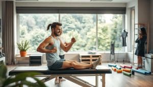 A serene indoor physiotherapy clinic with soft, warm lighting and clean, modern decor. In the foreground, a runner sits on a treatment table, receiving hands-on therapy from a physiotherapist. The physiotherapist demonstrates stretching and mobility exercises, their face expressing care and expertise. In the middle ground, various injury prevention tools and equipment are neatly arranged, including resistance bands, foam rollers, and ice packs. The background features large windows overlooking a lush, verdant landscape, creating a calming, restorative atmosphere.