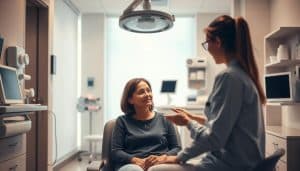 A serene medical office, bathed in soft, warm lighting. At the center, a patient sits calmly, surrounded by a nurse guiding them through the intake process. Crisp, clean medical equipment and soothing decor create a welcoming atmosphere. The patient's expression conveys a sense of trust and comfort, as the nurse explains the assessment and treatment plan. In the background, subtle details suggest the professionalism and care of the healthcare providers, setting the stage for a positive first visit experience.