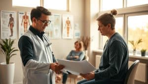 A serene medical office setting, flooded with warm, natural lighting from large windows. In the foreground, a physiotherapist reviews a patient's medical file, their expression one of focused attention. Behind them, a wall-mounted display showcases detailed anatomical illustrations and charts, providing a visual reference for the comprehensive assessment. In the middle ground, the patient sits comfortably, engaged in discussion with the physiotherapist, their body language conveying trust and understanding. The background features tasteful, minimalist decor, creating a calming, professional atmosphere conducive to the tailored treatment plan development.