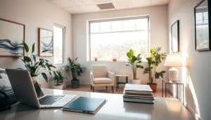 A serene medical office setting, with a large window illuminating the space. In the foreground, a desk with a laptop, a telephone, and neatly organized files, suggesting a professional and attentive environment. In the middle ground, a comfortable chair and a side table with a lamp, creating a welcoming atmosphere for patients. The background features soothing artwork on the walls, complemented by carefully selected plants, exuding a sense of care and healing. The lighting is soft and natural, casting a warm glow throughout the room. The overall mood is one of reassurance and support, reflecting the expertise and compassion of the medical professionals within.