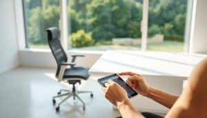A serene, minimalist office setting with a large, sleek desk and an ergonomic chair. In the foreground, a person's hands are using a digital tablet to schedule appointments, their expression calm and focused. The background features a large window overlooking a lush, green landscape, bathed in soft, natural lighting. The overall atmosphere conveys a sense of tranquility, efficiency, and flexibility, perfectly suited for a sports recovery physiotherapy clinic.